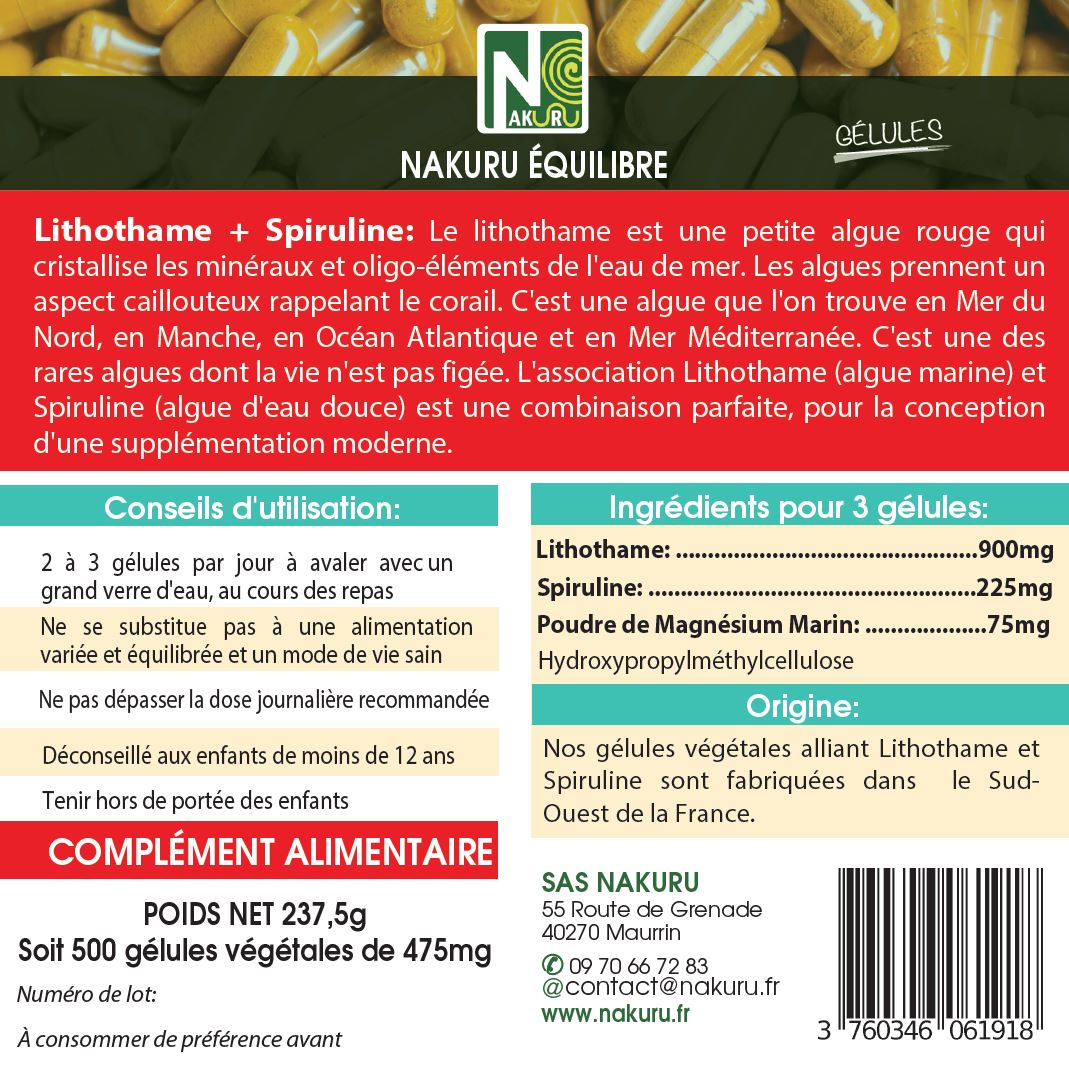 Lithothame + Spiruline | 500 Gélules Végétales | Gamme Équilibre | Fabriqué en France | "La Puissance des Algues !"
