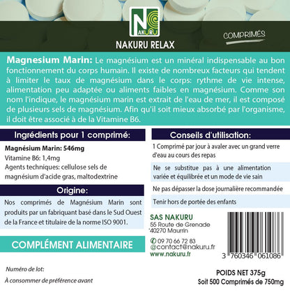 Magnésium Marin + Vitamine B6 | 500 Comprimés |  Gamme Relax | Fabriqué en France