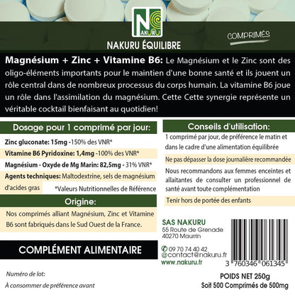 Magnésium + Zinc+ Vitamine B6 | 500 Comprimés | NAKURU Équilibre | Fabriqué en France | "Le Cocktail Anti-Stress !"