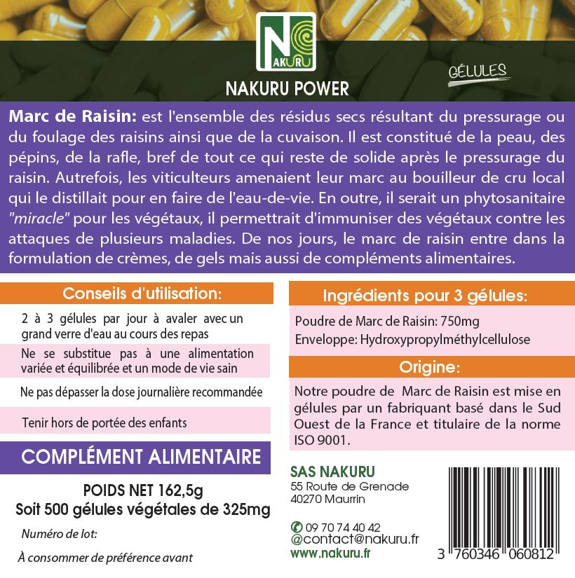 Marc de Raisin | 500 Gélules Végétales | Gamme Power | Fabriqué en France | "Le Trésor Insoupçonné !"