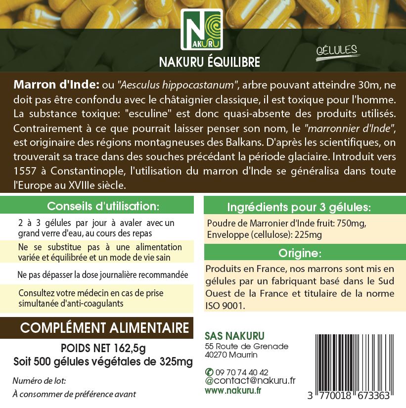 Marron d'Inde | 500 Gélules Végétales | Gamme Équilibre | Fabriqué en France | "La Solution Oubliée!"