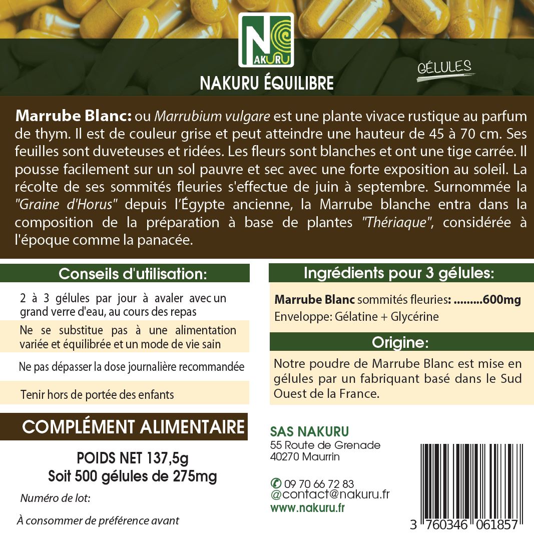 Marrube Blanc | 500 Gélules | Gamme Équilibre | Fabriqué en France | "La Graine d'Horus !"