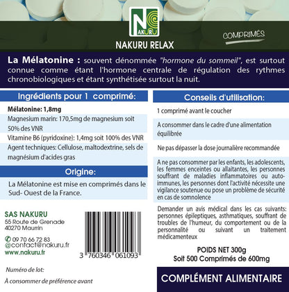 Mélatonine Forte 1,8mg - Magnésium - Vitamine B6 | 500 Comprimés | Gamme Relax | Fabriqué en France