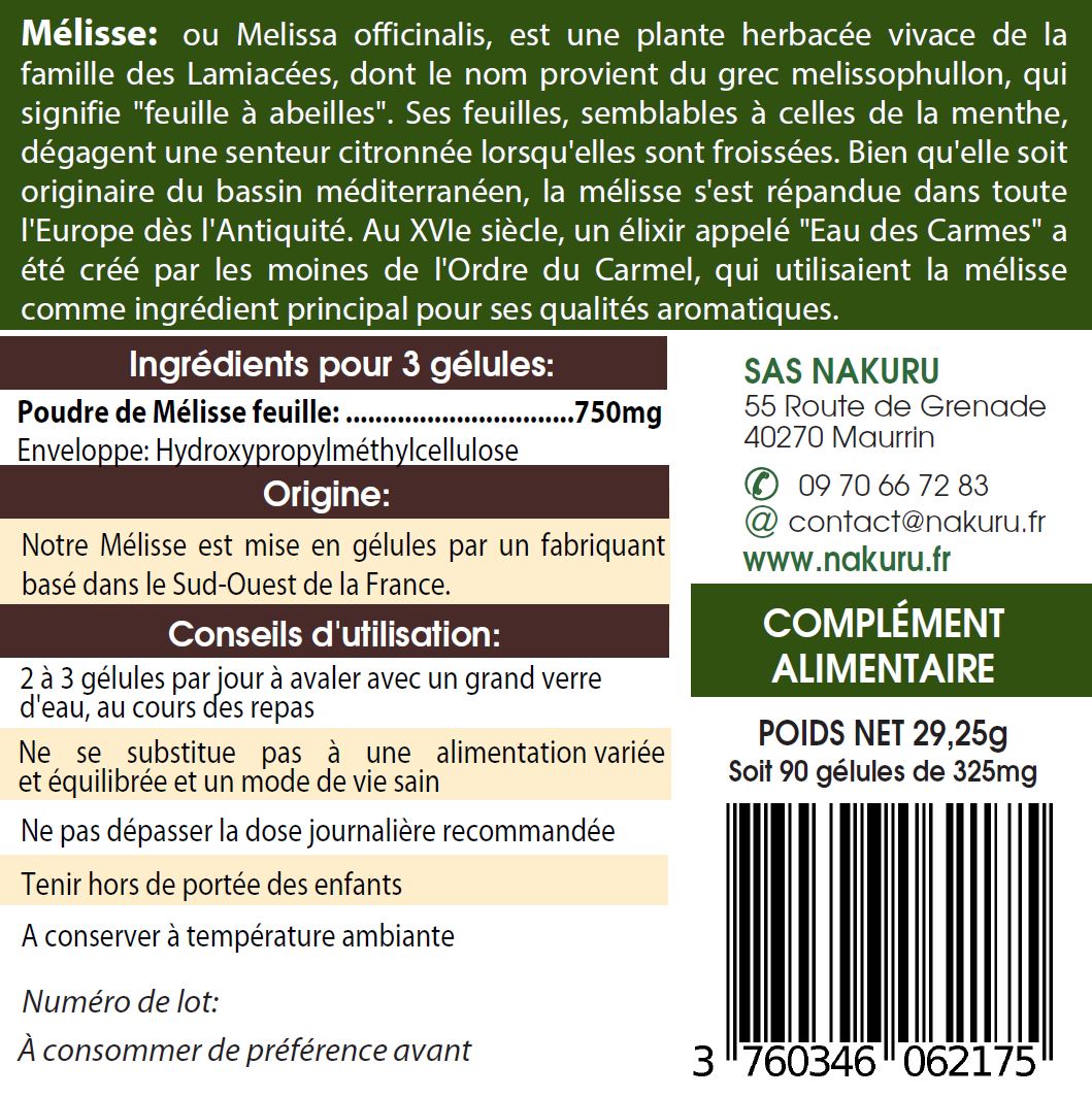 Mélisse | 90 Gélules Végétales |Gamme Relax | Fabriqué en France | "La Douceur Herbacée!"