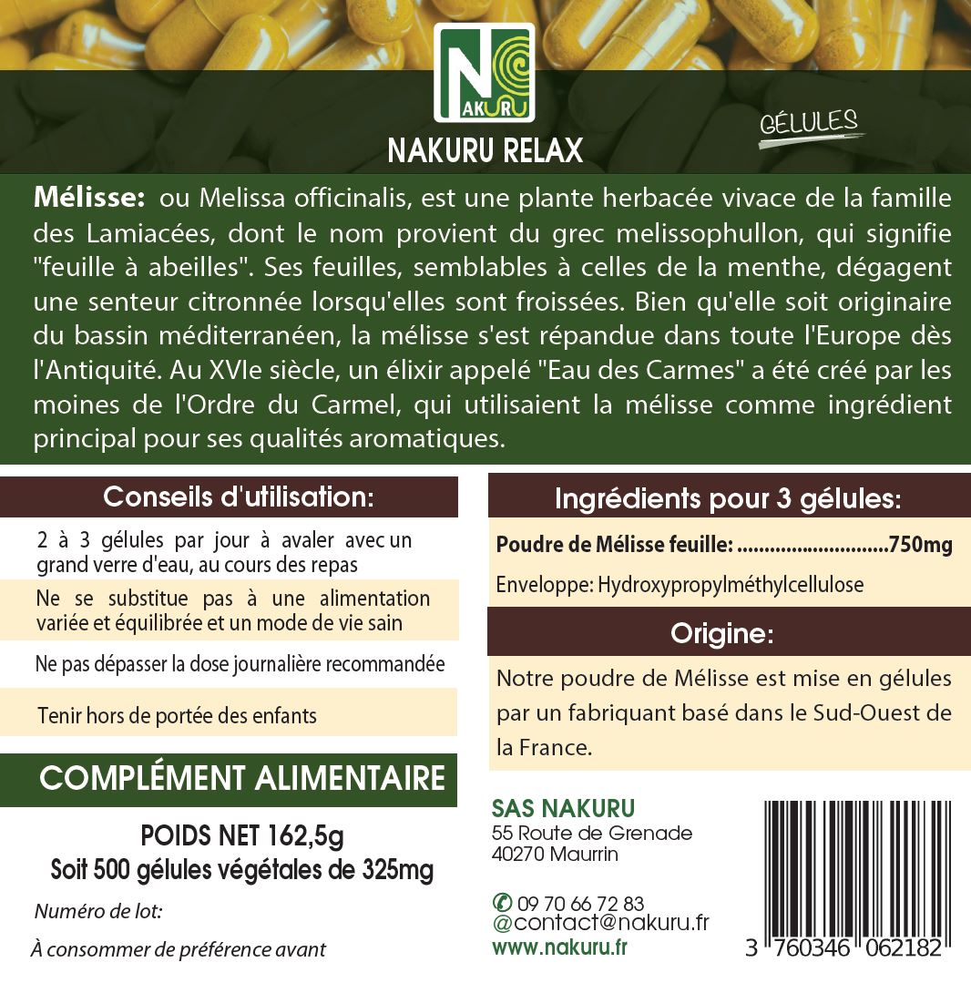 Mélisse | 500 Gélules Végétales |Gamme Relax | Fabriqué en France | "La Douceur Herbacée!"