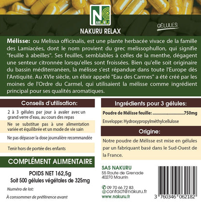 Mélisse | 500 Gélules Végétales |Gamme Relax | Fabriqué en France | "La Douceur Herbacée!"
