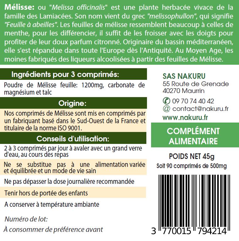 Mélisse | 90 Comprimés | Gamme Relax | Fabriqué en France / "Le Piment des Abeilles !"