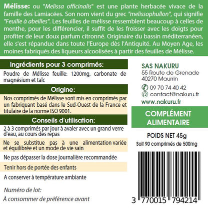 Mélisse | 90 Comprimés | Gamme Relax | Fabriqué en France / "Le Piment des Abeilles !"