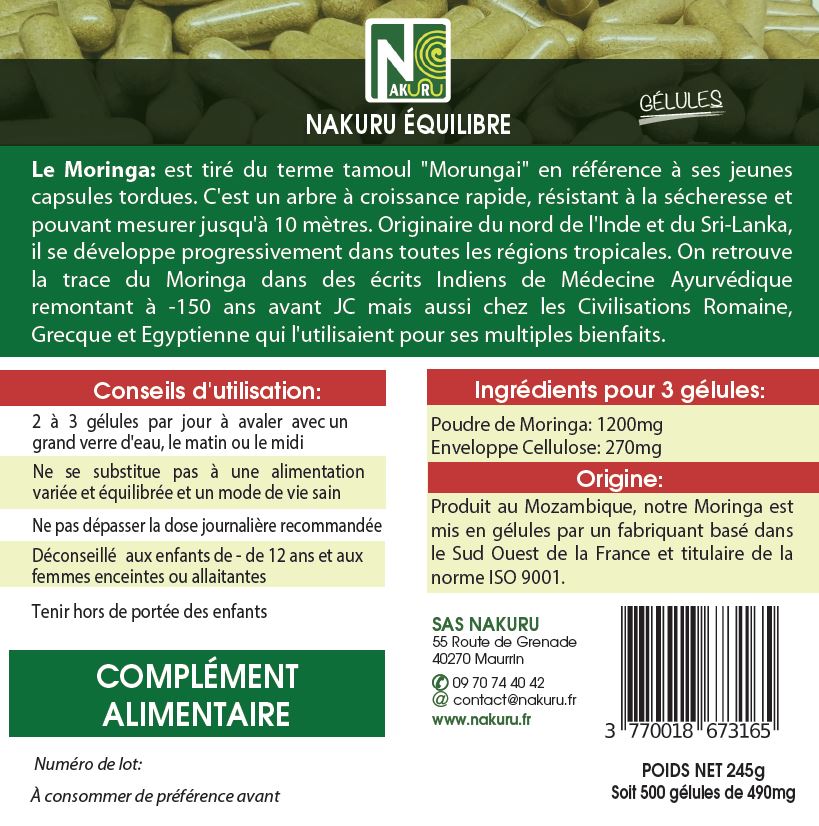 Moringa | 500 Gélules Végétales | Gamme Équilibre | Fabriqué en France / "L'Arbre de Vie !"