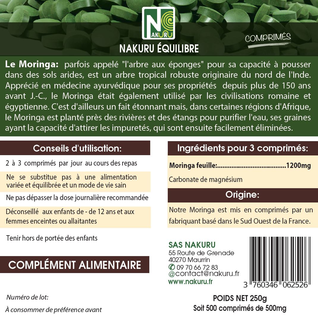 Moringa | 500 Comprimés | Gamme Équilibre | Fabriqué en France | "La Merveille Nutritionnelle!"