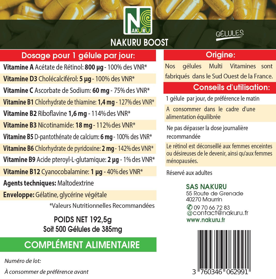 Multi-Vitamines | 500 Gélules | Gamme Boost | Fabriqué en France | Vitamine A + D3 + C + Groupe B