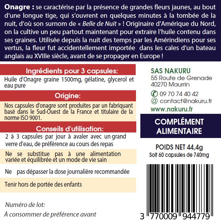 Onagre | 60 Capsules| Gamme Beauty | Fabriqué en France |"La Belle de Nuit!"