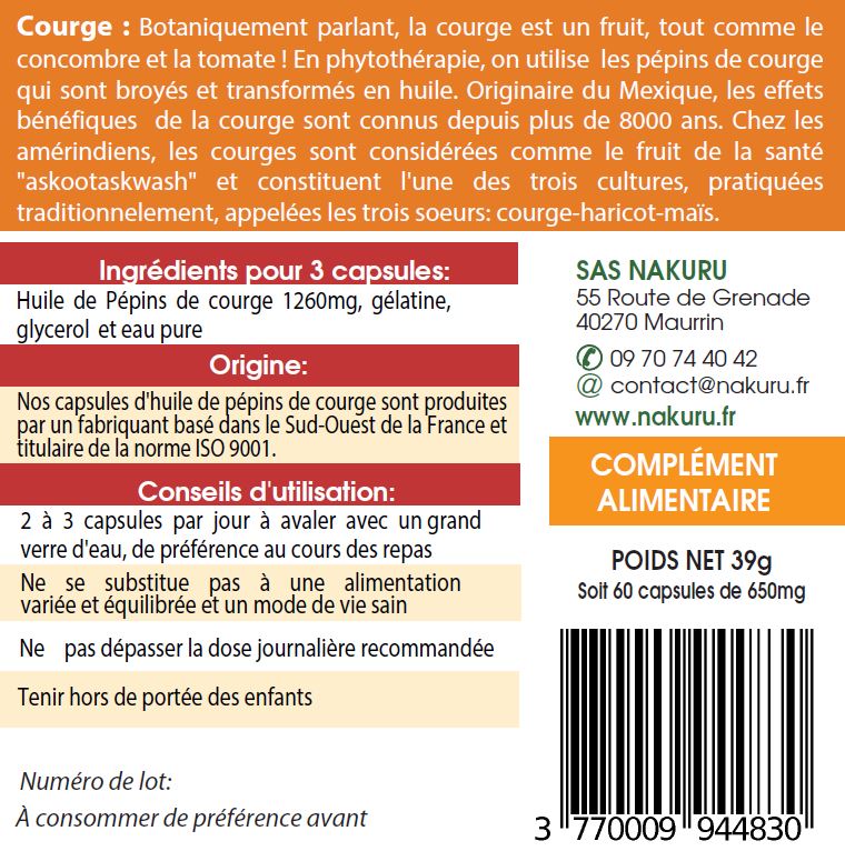 Pépins de Courge | 60 Capsules | Gamme Équilibre | Fabriqué en France | "Le Fruit des Aztèques !"