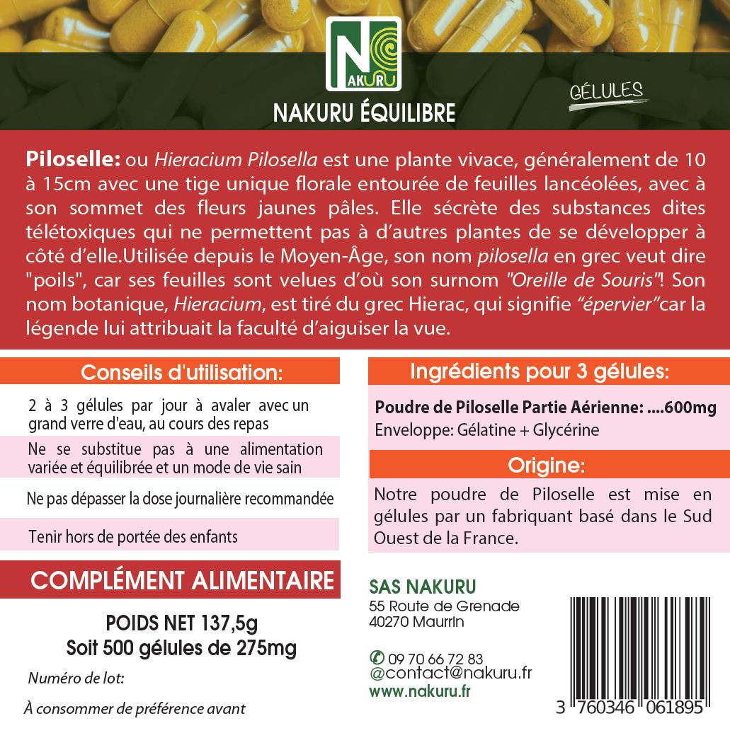 Piloselle | 500 Gélules | Gamme Équilibre | Fabriqué en France | "L'Oreille de Souris !"