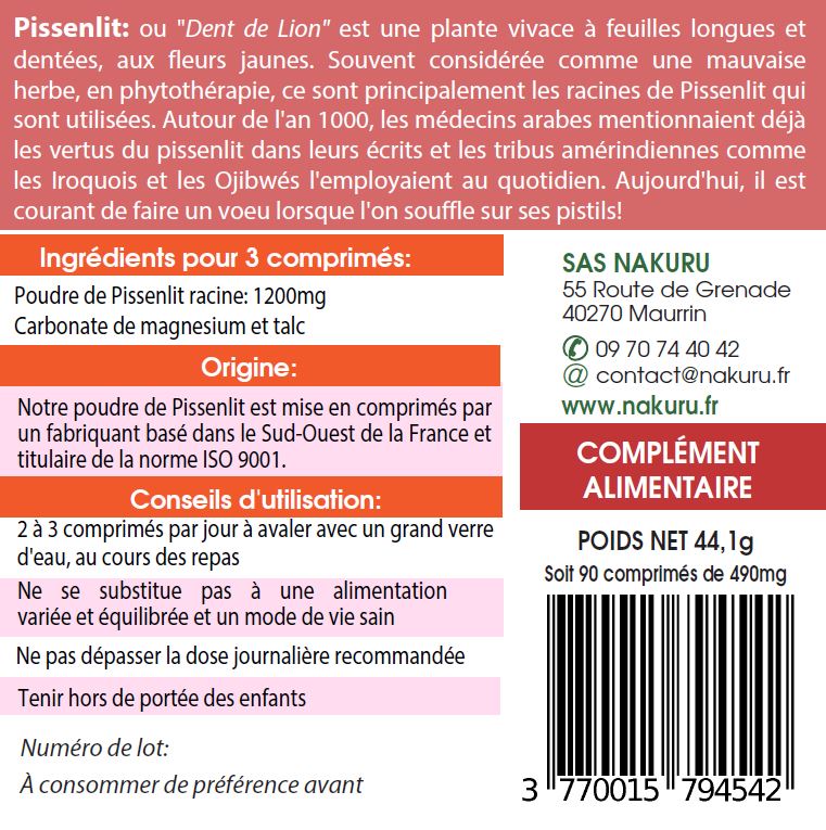 Pissenlit | 90 Comprimés | Gamme Équilibre | Fabriqué en France | "Dent de Lion !"