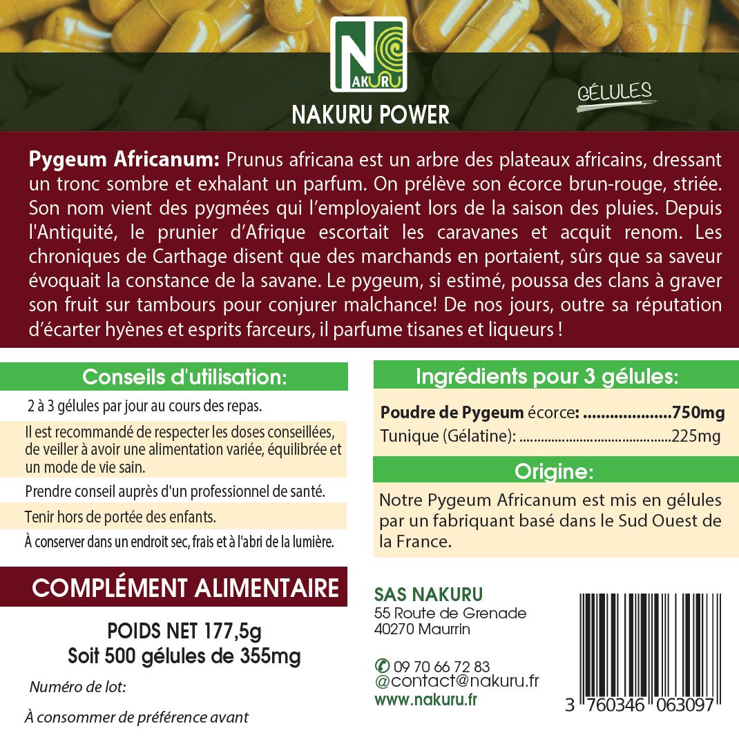 Pygeum Africanum | 500 Gélules | Gamme Power | Fabriqué en France | "L' Écorce du Patriarche !"