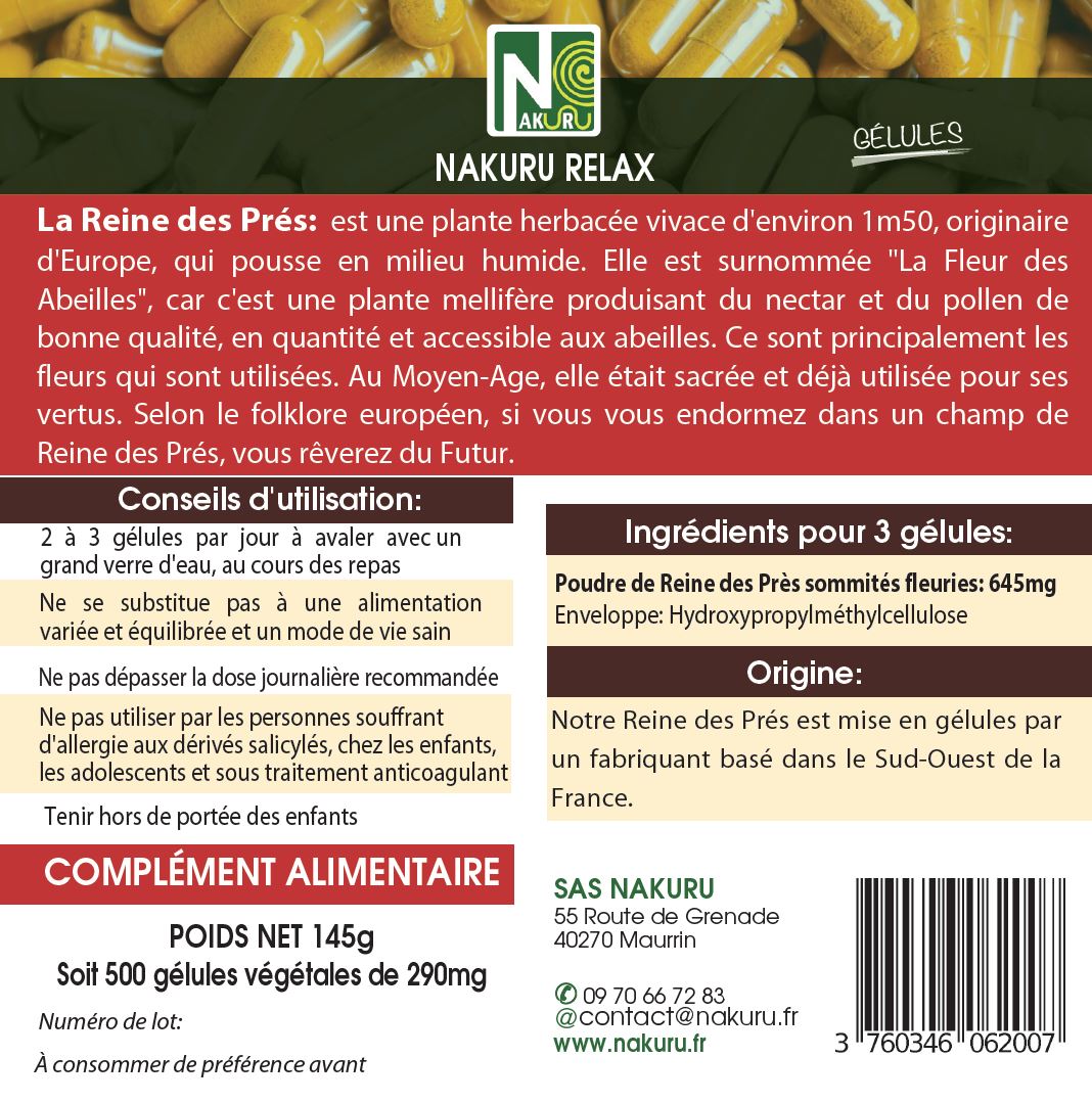 Reine des Prés | 500 Gélules Végétales |  Gamme Relax | Fabriqué en France | "Barbe de Chèvre!"