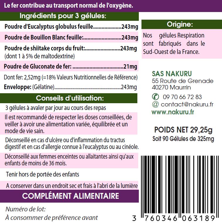 Respiration | 90 Gélules | Gamme Équilibre | Fabriqué en France | "Eucalyptus + Bouillon Blanc + Shiitaké !"