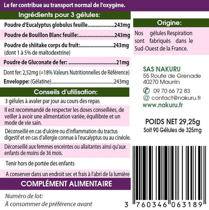 Respiration | 90 Gélules | Gamme Équilibre | Fabriqué en France | "Eucalyptus + Bouillon Blanc + Shiitaké !"