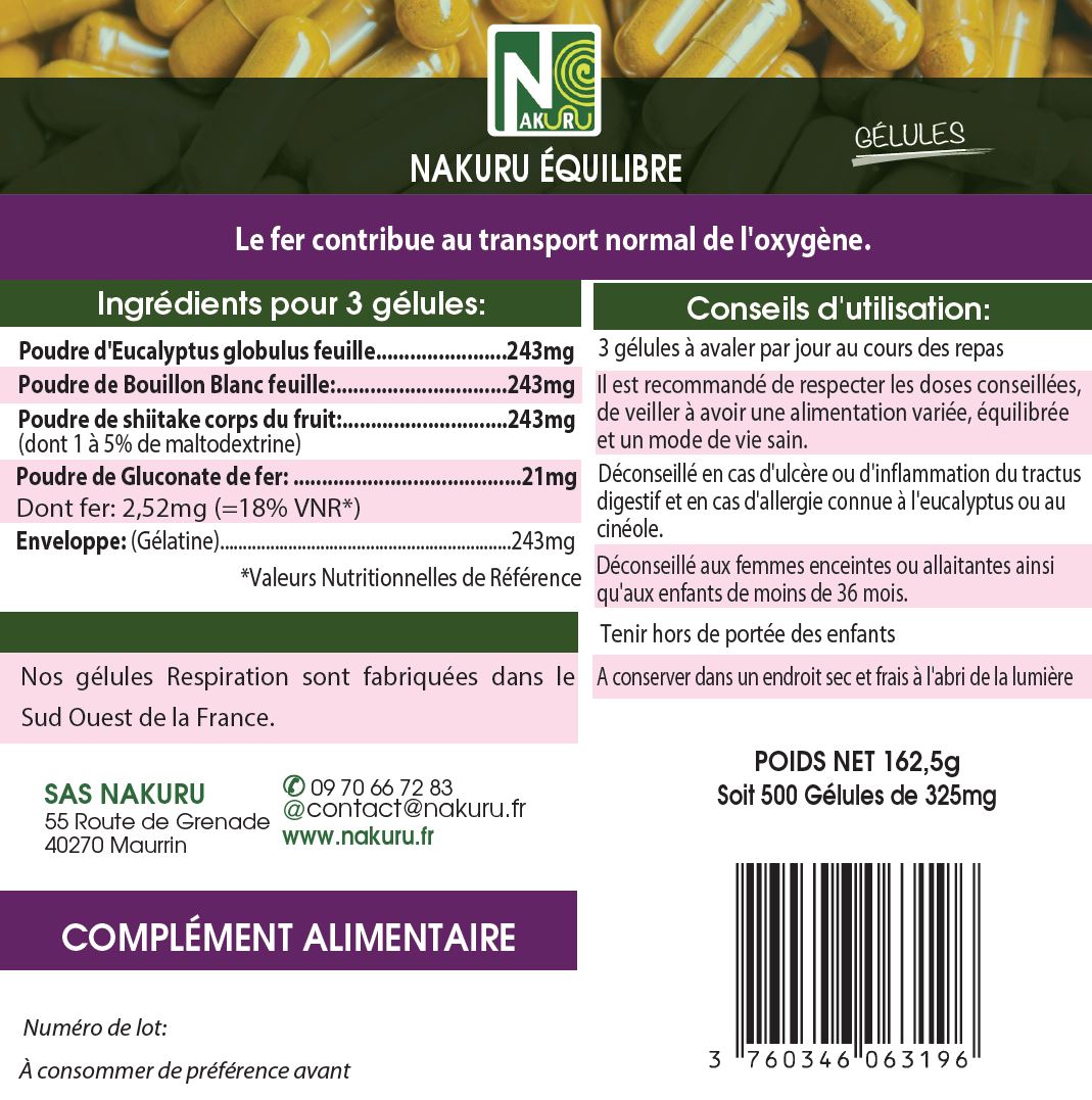 Respiration | 500 Gélules | Gamme Équilibre | Fabriqué en France | "Eucalyptus + Bouillon Blanc + Shiitaké !"