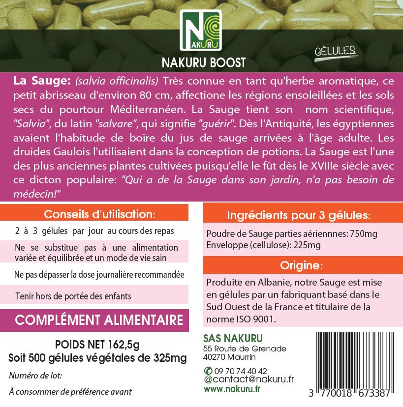 Sauge | 500 Gélules Végétales | Gamme Boost | Fabriqué en France | "La Plante de la Ménopause !"