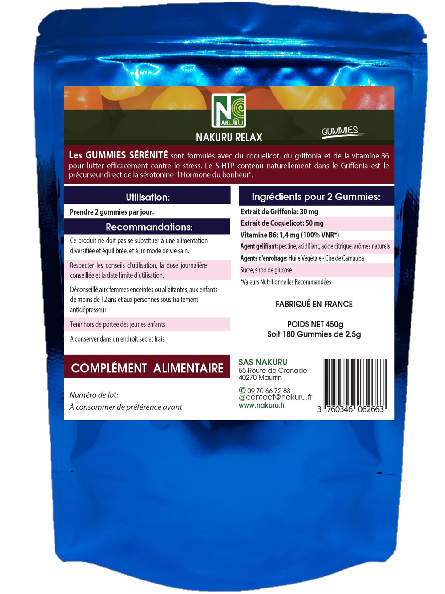 Sérénité Gummies | 180 Gummies / 90 Jours | Gamme Relax | Saveur: Abricot + Fleur d'Oranger |Fabriqué en France | "Griffonia + Coquelicot + Vitamine B6 !"