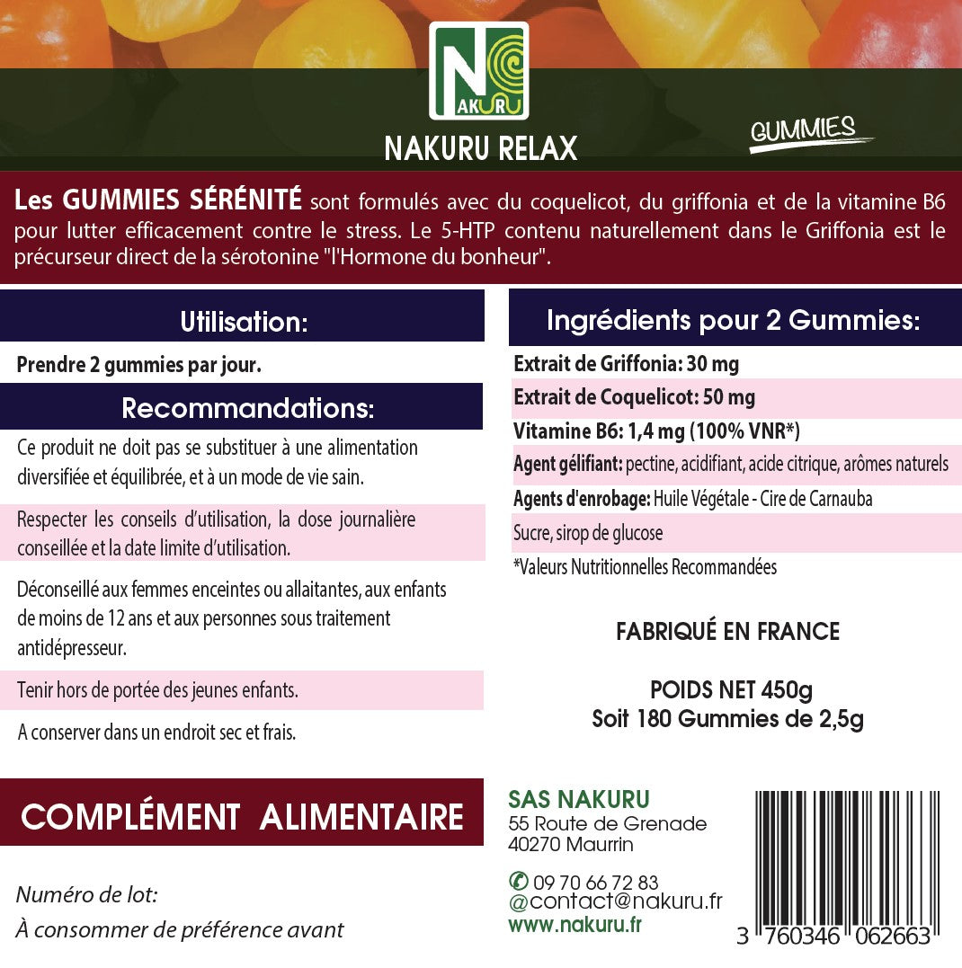 Sérénité Gummies | 180 Gummies / 90 Jours | Gamme Relax | Saveur: Abricot + Fleur d'Oranger |Fabriqué en France | "Griffonia + Coquelicot + Vitamine B6 !"