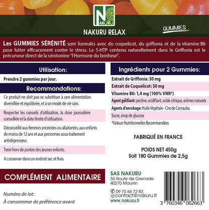 Sérénité Gummies | 180 Gummies / 90 Jours | Gamme Relax | Saveur: Abricot + Fleur d'Oranger |Fabriqué en France | "Griffonia + Coquelicot + Vitamine B6 !"