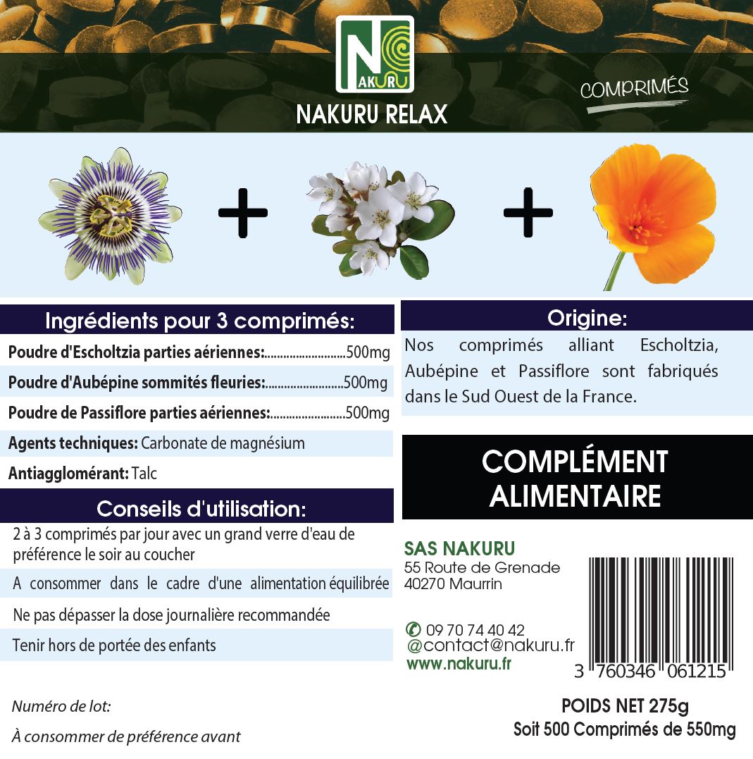 Sommeil = Passiflore + Aubépine + Escholtzia | 500 Comprimés | Gamme Relax | Fabriqué en France
