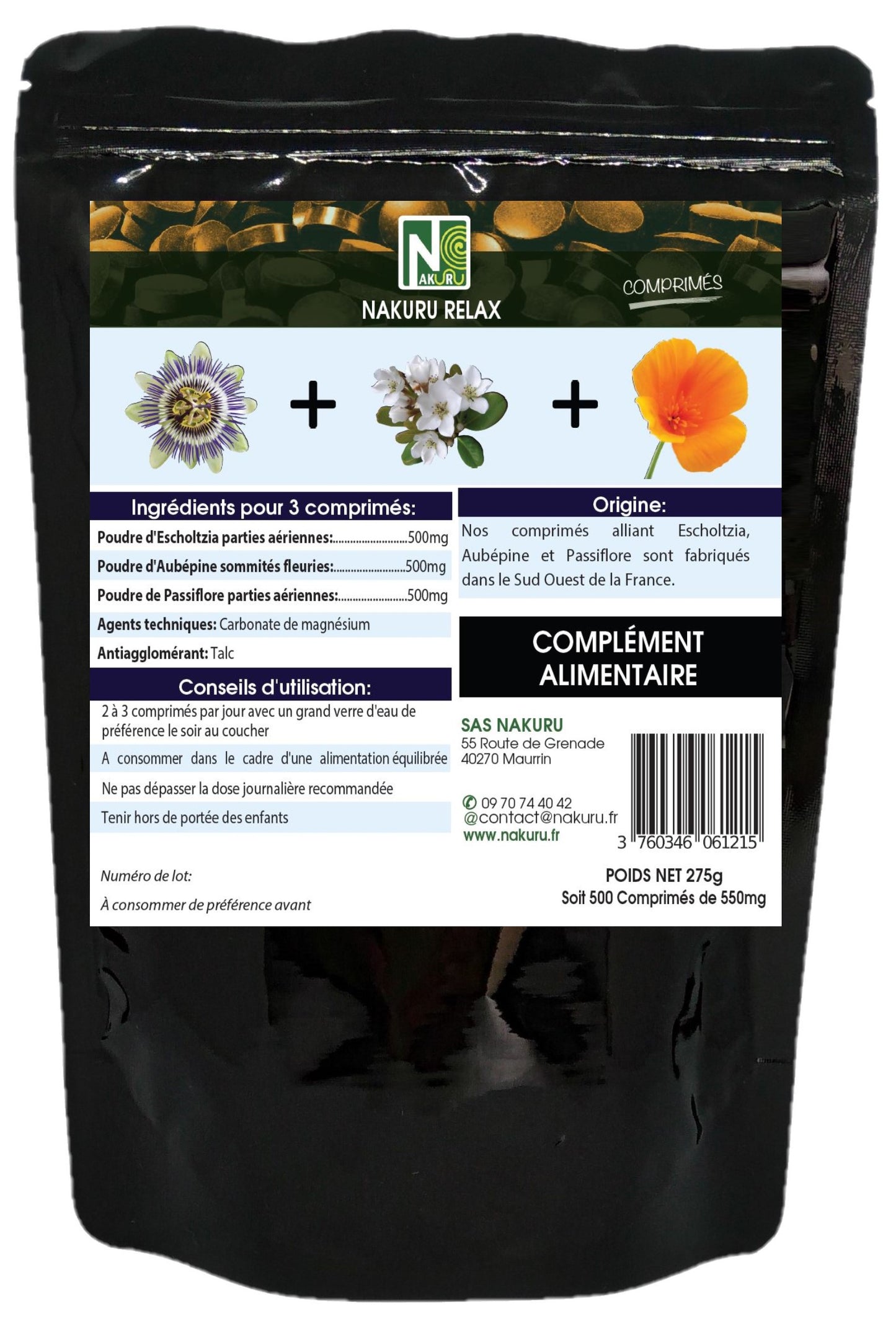 Sommeil = Passiflore + Aubépine + Escholtzia | 500 Comprimés | Gamme Relax | Fabriqué en France