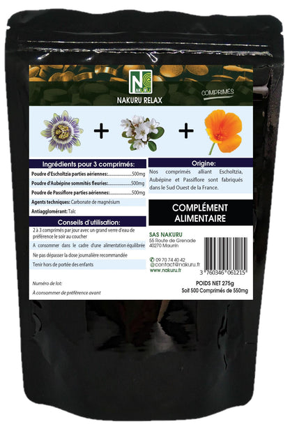 Sommeil = Passiflore + Aubépine + Escholtzia | 500 Comprimés | Gamme Relax | Fabriqué en France