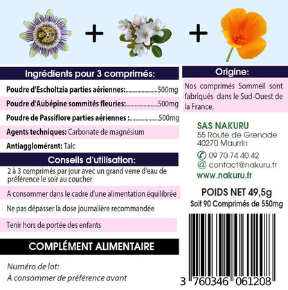 Sommeil = Passiflore + Aubépine + Escholtzia | 90 Comprimés | Gamme Relax | Fabriqué en France
