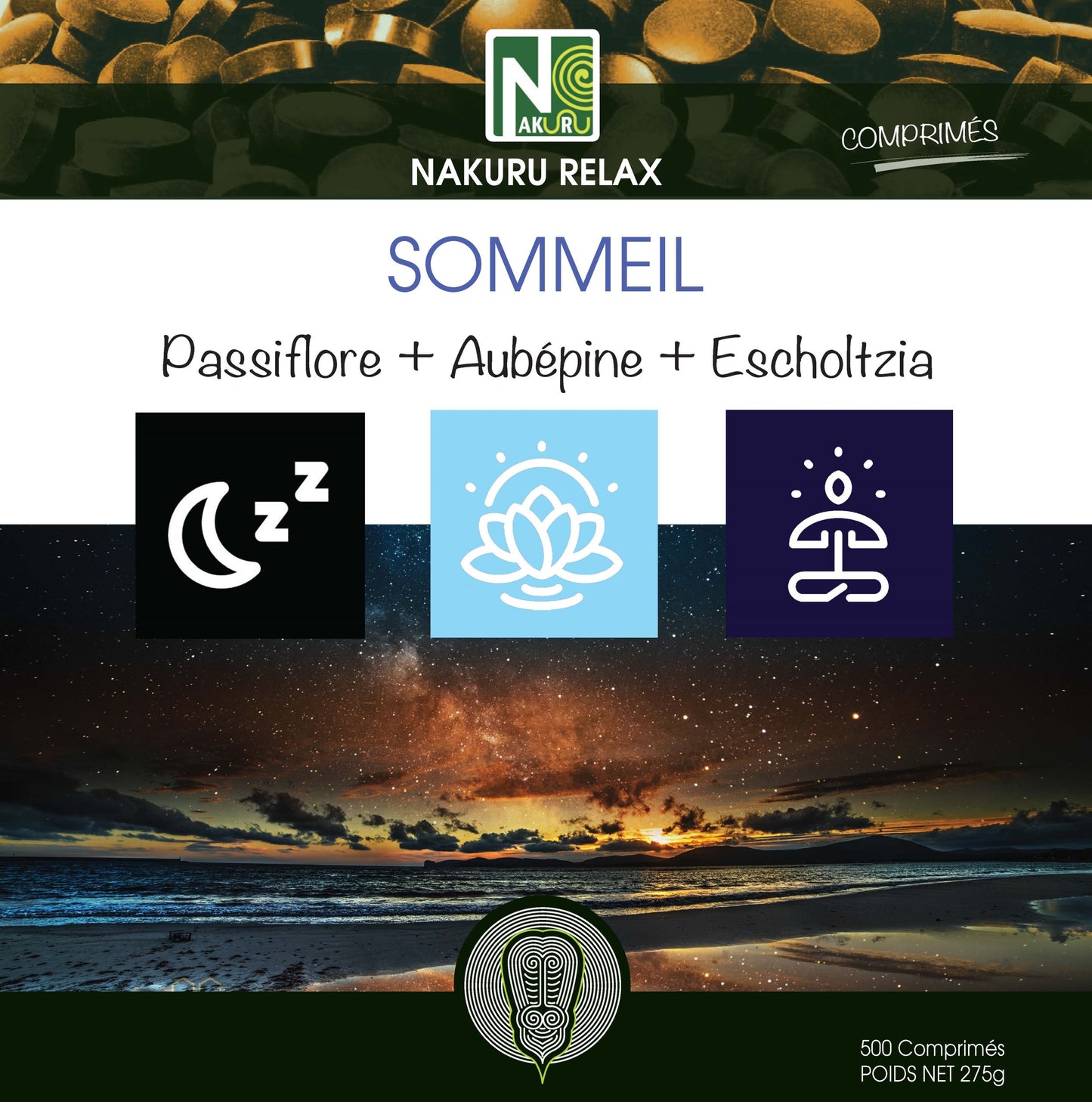 Sommeil = Passiflore + Aubépine + Escholtzia | 500 Comprimés | Gamme Relax | Fabriqué en France