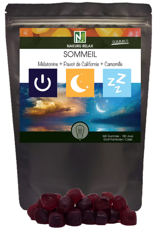 Sommeil Gummies | 360 Gummies / 180 Jours | Gamme Relax | Saveur: Framboise + Cassis |Fabriqué en France | "Mélatonine + Pavot de Californie + Camomille !"