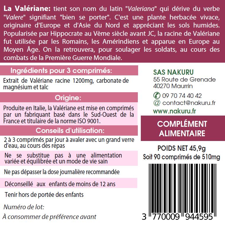 Valériane | 90 Comprimés |NAKURU Relax | Fabriqué en France | "La Racine du Sommeil Naturel!