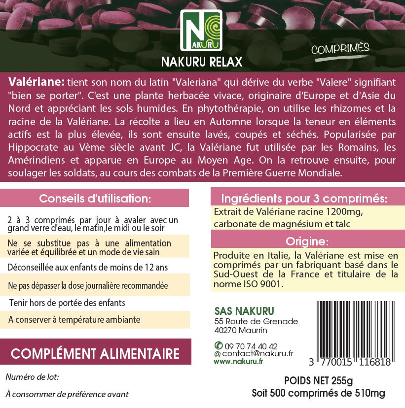 Valériane | 500 Comprimés |NAKURU Relax | Fabriqué en France | "La Racine du Sommeil Naturel!