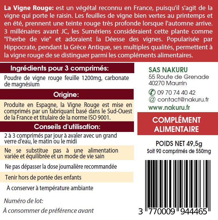 Vigne Rouge | 90 Comprimés |Gamme Power | Fabriqué en France | "La Plante des Jambes Légères!"