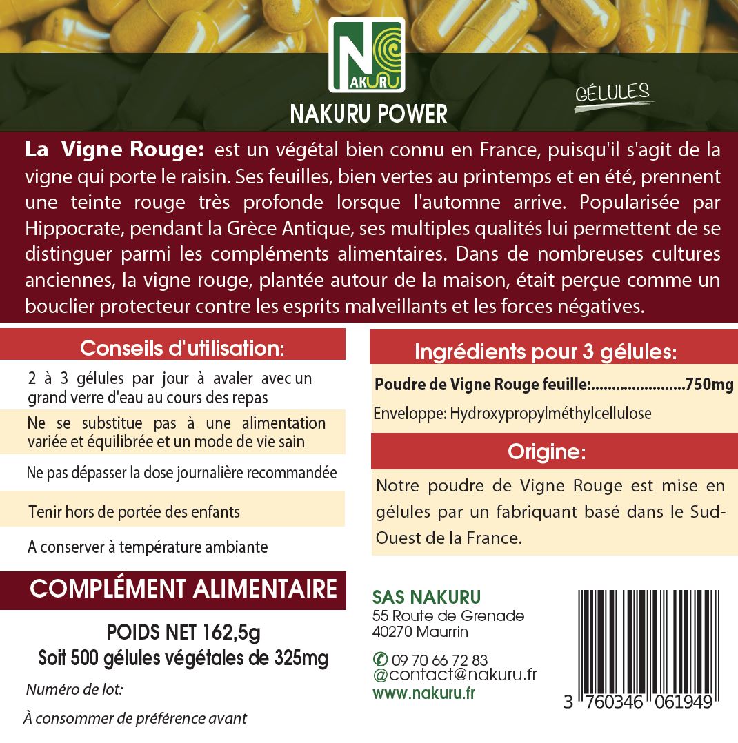 Vigne Rouge | 500 Gélules Végétales | Gamme Power | Fabriqué en France | "In Vino Veritas!"
