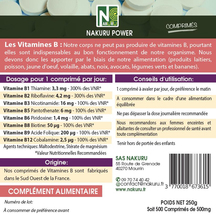 Vitamines B Complexe | 500 Comprimés | Gamme Power | Fabriqué en France
