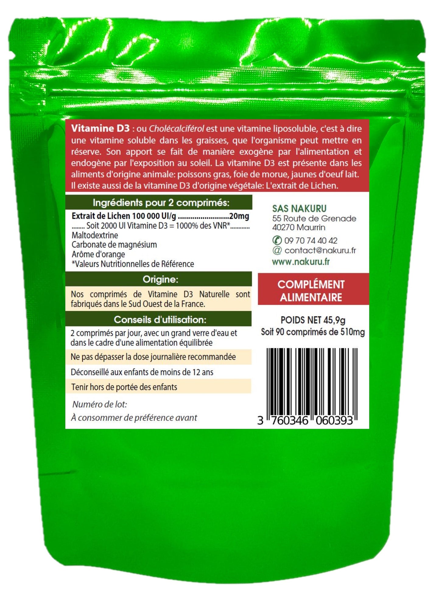 Vitamine D3 Naturelle 2000 UI | 90 Comprimés | Extrait de Lichen | Gamme Power | Fabriqué en France