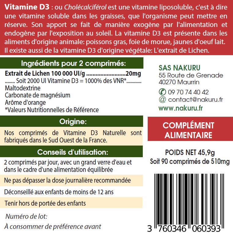 Vitamine D3 Naturelle 2000 UI | 90 Comprimés | Extrait de Lichen | Gamme Power | Fabriqué en France