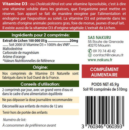 Vitamine D3 Naturelle 2000 UI | 90 Comprimés | Extrait de Lichen | Gamme Power | Fabriqué en France