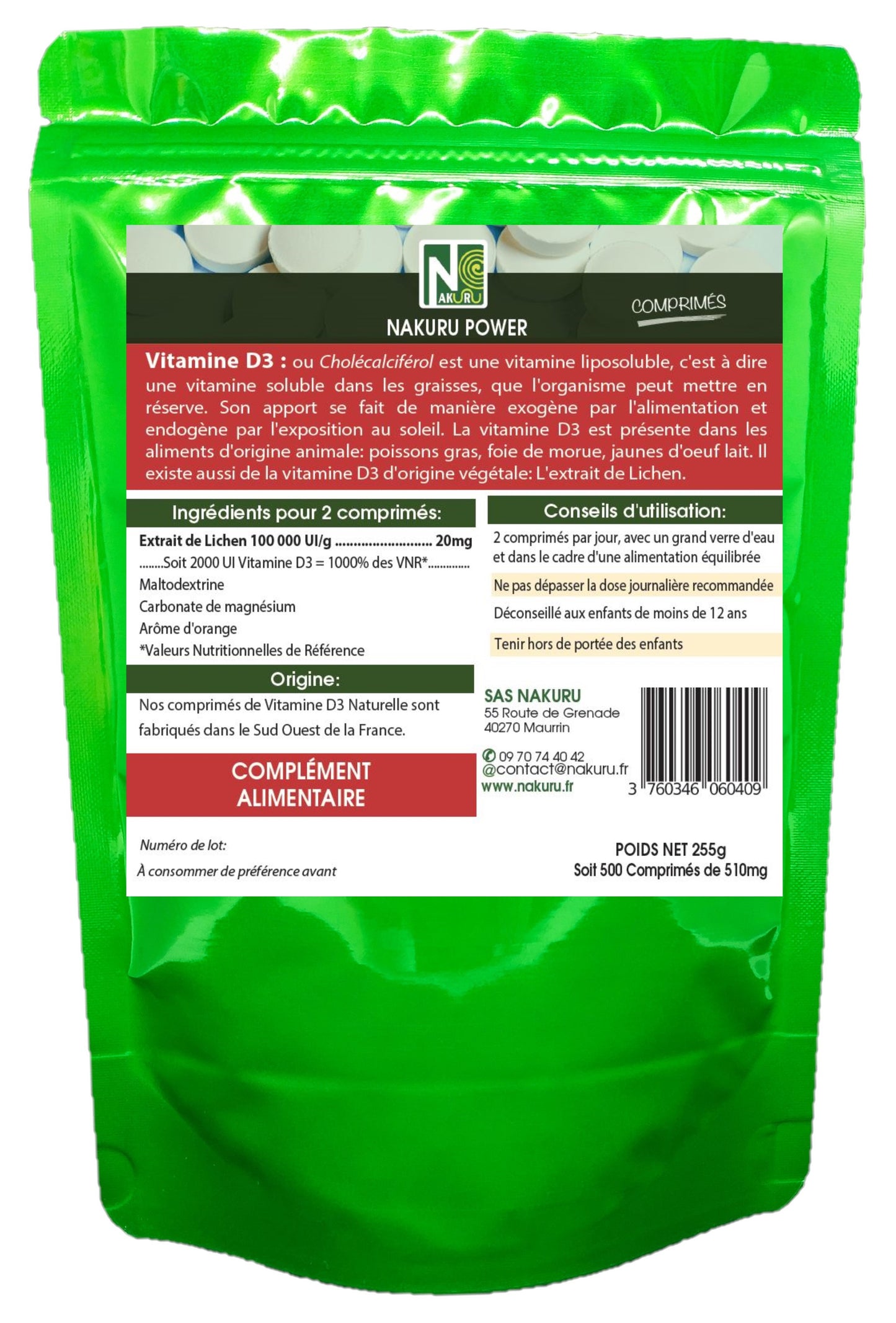 Vitamine D3 Naturelle 2000 UI | 500 Comprimés | Extrait de Lichen | Gamme Power | Fabriqué en France
