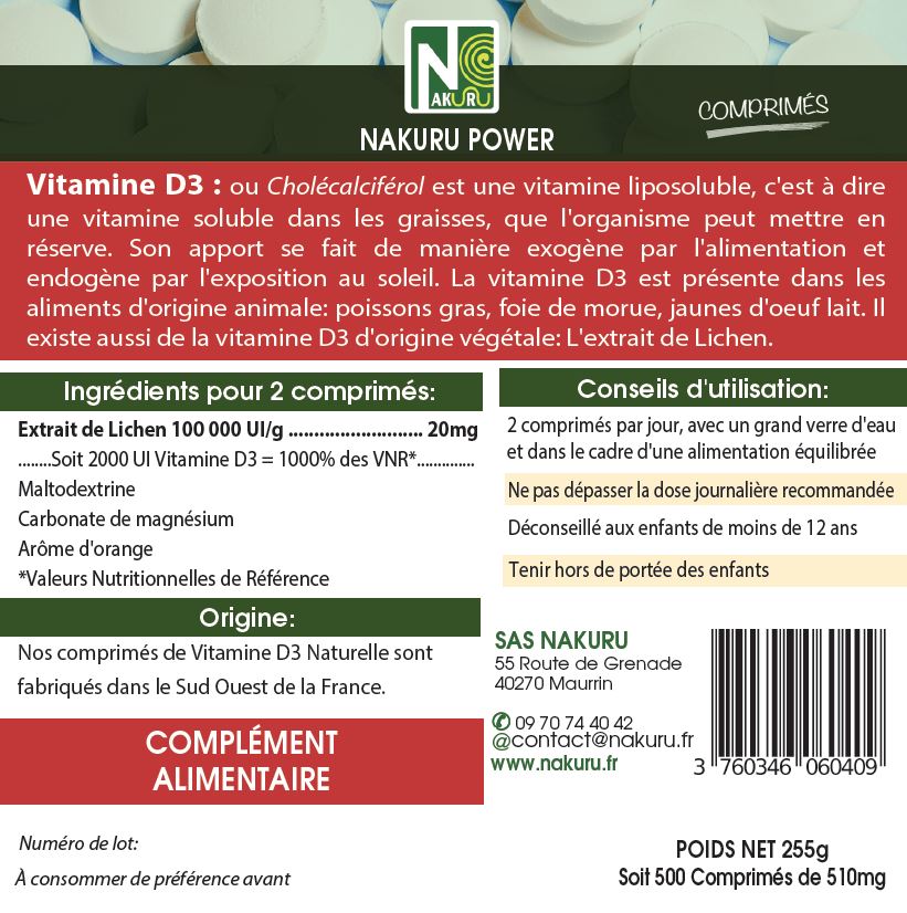 Vitamine D3 Naturelle 2000 UI | 500 Comprimés | Extrait de Lichen | Gamme Power | Fabriqué en France