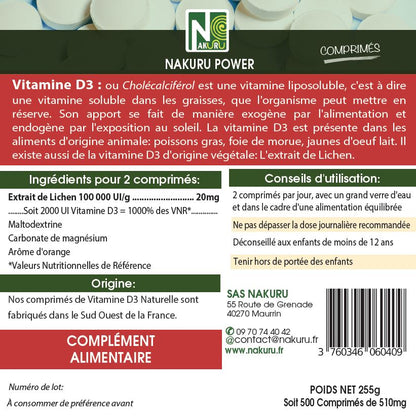 Vitamine D3 Naturelle 2000 UI | 500 Comprimés | Extrait de Lichen | Gamme Power | Fabriqué en France