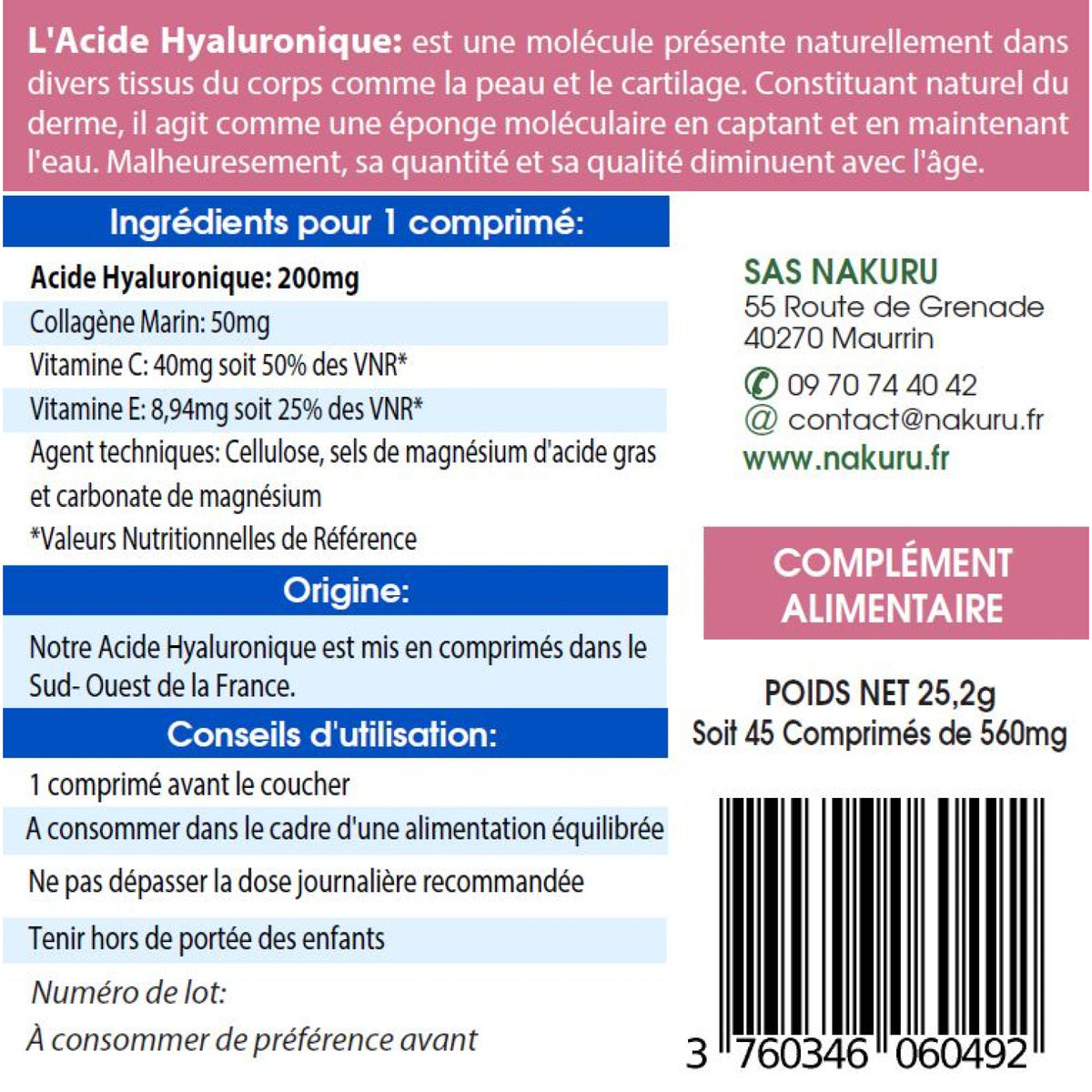 NAKURU Acide Hyaluronique — 45 comprimés — Étiquette dos