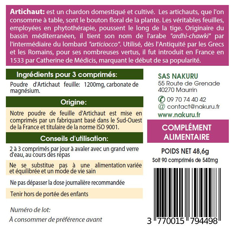 NAKURU Artichaut — 90 comprimés — Étiquette dos