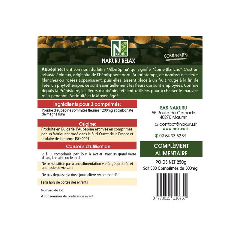 NAKURU Aubépine — 500 comprimés — Étiquette dos