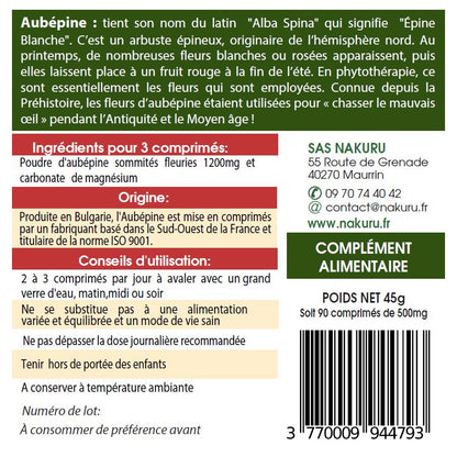 NAKURU Aubépine — 90 comprimés — Étiquette dos