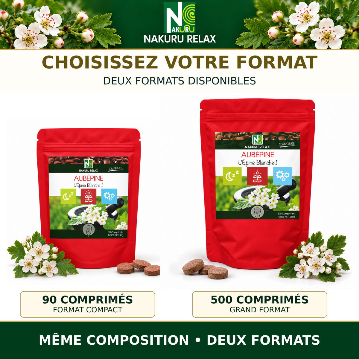 NAKURU Aubépine — 500 comprimés — Comparatif des formats